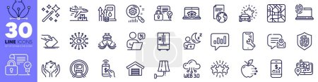 Illustration for Search statistics, Mobile finance and Shift line icons pack. Metro subway, Artificial intelligence, Fuel price web icon. Star, Car review, Parking garage pictogram. Magic wand, Ship. Vector - Royalty Free Image