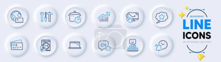 Illustration for Alarm clock, Spanner tool and English line icons for web app. Pack of Loyalty star, Washing machine, Boiling pan pictogram icons. Card, Laptop, Smile signs. Internet pay, Demand curve. Vector - Royalty Free Image