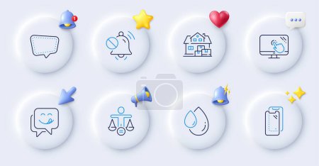 Illustration for Home moving, Touch screen and Yummy smile line icons. Buttons with 3d bell, chat speech, cursor. Pack of Ethics, Mute sound, Oil drop icon. Chat message, Smartphone glass pictogram. Vector - Royalty Free Image