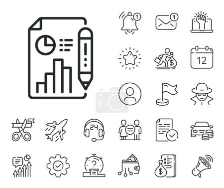 Illustration for Column graph sign. Salaryman, gender equality and alert bell outline icons. Report document line icon. Growth diagram, pie chart symbol. Report document line sign. Vector - Royalty Free Image