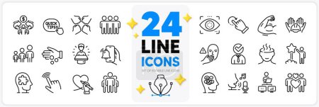 Illustration for Icons set of Quick tips, Vacancy and Rotation gesture line icons pack for app with Squad, Cursor, Work home thin outline icon. Anxiety, Sharing economy, Friendship pictogram. Group. Vector - Royalty Free Image