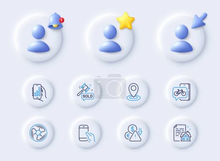 Illustration for Location, Deflation and Air fan line icons. Placeholder with 3d cursor, bell, star. Pack of Hold smartphone, Lease contract, Auction hammer icon. Bike app, Analysis app pictogram. Vector - Royalty Free Image
