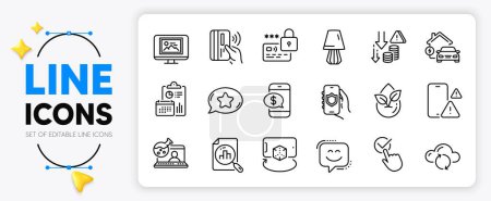 Illustration for Favorite chat, Report and Photo thumbnail line icons set for app include Phone payment, Cloud sync, Lock outline thin icon. Smile face, Contactless payment, Security app pictogram icon. Vector - Royalty Free Image