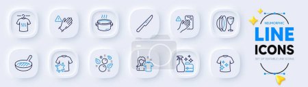 Illustration for Clean t-shirt, Table knife and Dish plate line icons for web app. Pack of Clean shirt, Saucepan, Cleanser spray pictogram icons. Grill pan, Dry t-shirt, Use gloves signs. Dont touch. Vector - Royalty Free Image