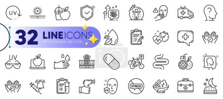 Illustration for Outline set of Capsule pill, Vaccine announcement and Ambulance car line icons for web with Bicycle parking, No sun, Uv protection thin icon. Intestine, Stress grows. Vector - Royalty Free Image