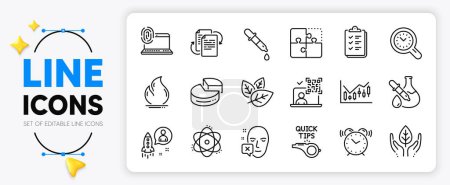 Illustration for Chemistry pipette, Qr code and Computer fingerprint line icons set for app include Checklist, Fair trade, Tutorials outline thin icon. Chemistry experiment, Startup. Vector - Royalty Free Image