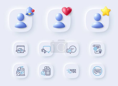 Illustration for Cogwheel, 24h service and Education line icons. Placeholder with 3d bell, star, heart. Pack of Diesel station, Online storage, Bill accounting icon. Megaphone, Fake news pictogram. Vector - Royalty Free Image