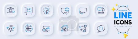 Illustration for Candlestick chart, Employees messenger and Speech bubble line icons for web app. Pack of Photo camera, People chatting, Work home pictogram icons. Globe, Idea, Recovery data signs. Vector - Royalty Free Image