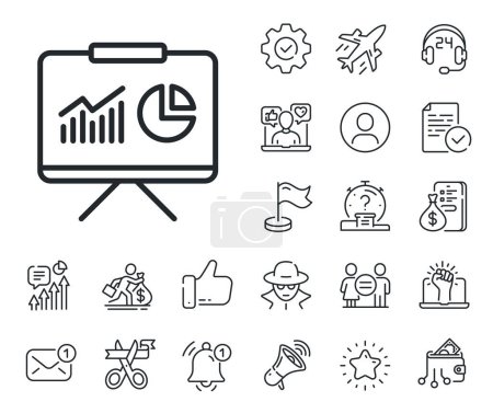 Illustration for Report chart or Sales growth sign. Salaryman, gender equality and alert bell outline icons. Presentation board line icon. Analysis and Statistics data symbol. Presentation line sign. Vector - Royalty Free Image