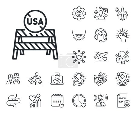 Illustration for Coronavirus Covid-19 pandemic sign. Online doctor, patient and medicine outline icons. USA close borders line icon. Travel restrictions symbol. USA close borders line sign. Vector - Royalty Free Image