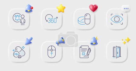 Illustration for Swipe up, Eye detect and Medical drugs line icons. Buttons with 3d bell, chat speech, cursor. Pack of Open door, Reject file, User notification icon. Full rotation, Manganese mineral pictogram. Vector - Royalty Free Image