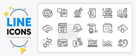 Illustration for Trade infochart, Cloud share and Environment day line icons set for app include Healthcare calendar, Web report, Hearing outline thin icon. Vocabulary, Chemical formula. Vector - Royalty Free Image