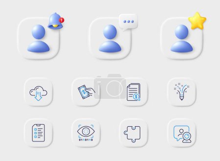 Illustration for Video conference, Checklist and Financial documents line icons. Placeholder with 3d star, reminder bell, chat. Pack of Pay money, Cloud download, Artificial intelligence icon. Vector - Royalty Free Image