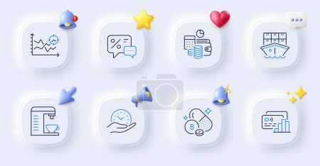 Illustration for Discounts, Coffee machine and Boron mineral line icons. Buttons with 3d bell, chat speech, cursor. Pack of Seo analysis, Card, Budget accounting icon. Shipment, Safe time pictogram. Vector - Royalty Free Image