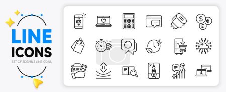 Illustration for Mail, Calculator and Seo message line icons set for app include Cloud network, Rent car, Crane claw machine outline thin icon. Charging time, Outsource work, Recovery data pictogram icon. Vector - Royalty Free Image