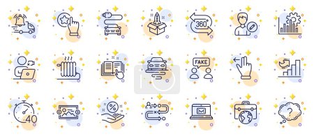Illustration for Outline set of Radiator, Car charge and Route line icons for web app. Include Video conference, 360 degree, Question mark pictogram icons. Touchscreen gesture, Delivery notification. Vector - Royalty Free Image