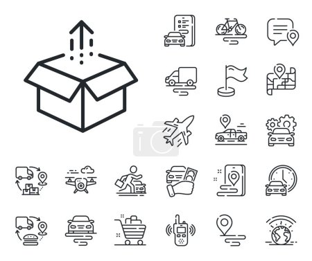 Illustration for Open delivery parcel sign. Plane, supply chain and place location outline icons. Send box line icon. Cargo package symbol. Send box line sign. Taxi transport, rent a bike icon. Travel map. Vector - Royalty Free Image