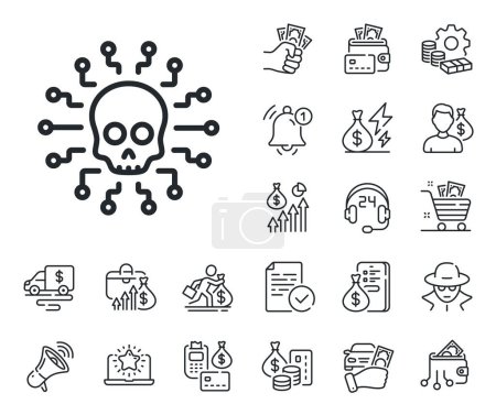 Illustration for Ransomware threat sign. Cash money, loan and mortgage outline icons. Cyber attack line icon. Hacker network symbol. Cyber attack line sign. Credit card, crypto wallet icon. Vector - Royalty Free Image