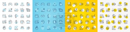 Illustration for Vector icons set of Give present, Beach umbrella and Delivery line icons pack for web with Ice cream, Coupons, Snowman outline icon. Love gift, Scuba diving, Love glasses pictogram. Vector - Royalty Free Image