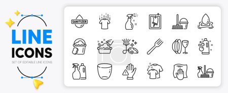 Ilustración de Placa de plato, spray de limpieza y burbujas limpias iconos de línea establecidos para la aplicación incluyen esponja, tenedor, Ventana de limpieza delgada icono contorno. Desinfectante de manos, lavado de manos, icono de pictograma de agua salpicada. Vector - Imagen libre de derechos