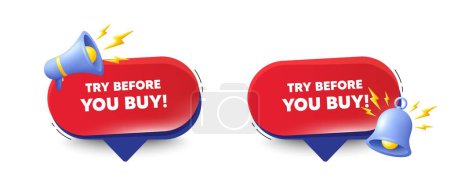 Illustration for Try before you buy tag. Speech bubbles with 3d bell, megaphone. Special offer price sign. Advertising discounts symbol. Try before you buy chat speech message. Red offer talk box. Vector - Royalty Free Image