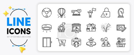 Illustration for Marketing strategy, Vip table and Air balloon line icons set for app include Photo edit, Leadership, Led lamp outline thin icon. Fireworks, Exhibitors, Special offer pictogram icon. Vector - Royalty Free Image