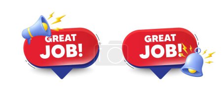 Illustration for Great job tag. Speech bubbles with 3d bell, megaphone. Recruitment agency sign. Hire employees symbol. Great job chat speech message. Red offer talk box. Vector - Royalty Free Image