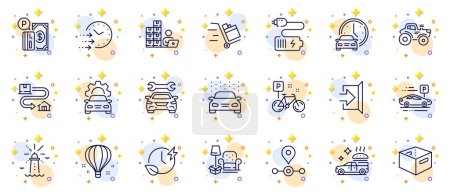 Illustration for Outline set of Inventory, Push cart and Tractor line icons for web app. Include Lighthouse, Charging time, Exit pictogram icons. Station, Car wash, Book car signs. Bike, Air balloon, Battery. Vector - Royalty Free Image