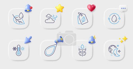 Illustration for Windy weather, Thermometer and Leaf dew line icons. Buttons with 3d bell, chat speech, cursor. Pack of Gluten free, Sleep, Pumpkin seed icon. Bio tags, Cold-pressed oil pictogram. Vector - Royalty Free Image