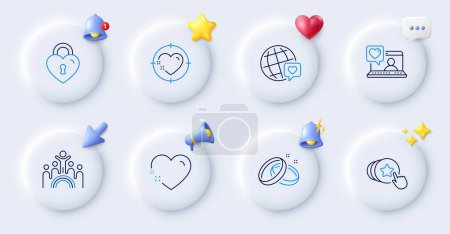 Illustration for Friends chat, Heart and Wedding rings line icons. Buttons with 3d bell, chat speech, cursor. Pack of Love lock, Hold heart, World brand icon. Inclusion pictogram. For web app, printing. Vector - Royalty Free Image
