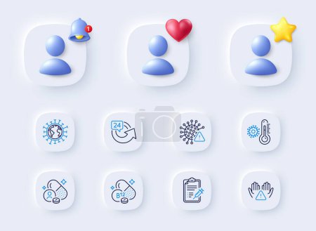 Illustration for 24 hours, Covid virus and Coronavirus line icons. Placeholder with 3d bell, star, heart. Pack of Thermometer, Vaccine report, Cobalamin vitamin icon. Clean hands, Vitamin pictogram. Vector - Royalty Free Image