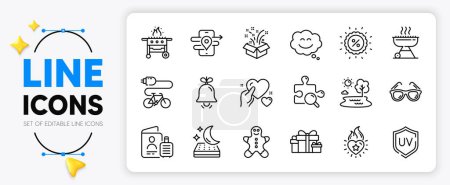 Illustration for Holiday presents, Discount and Bell line icons set for app include Grill, Search puzzle, Smile chat outline thin icon. Heart flame, Uv protection, Gas grill pictogram icon. Electric bike. Vector - Royalty Free Image