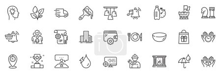 Illustration for Icons pack as Truck delivery, Ceiling lamp and Family insurance line icons for app include Idea head, Settings blueprint, Safe time outline thin icon web set. Hold box, Fitness water. Vector - Royalty Free Image
