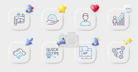 Illustration for Employee result, Map and Floor plan line icons. Buttons with 3d bell, chat speech, cursor. Pack of Cloud share, Headshot, Safe time icon. Quick tips, Video conference pictogram. Vector - Royalty Free Image