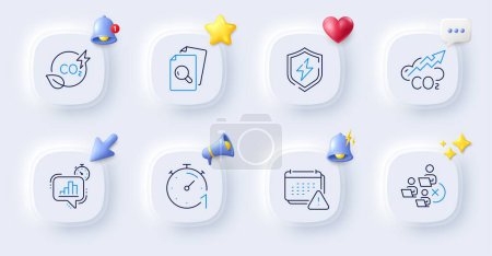 Illustration for Statistics timer, Co2 and Co2 gas line icons. Buttons with 3d bell, chat speech, cursor. Pack of Inspect, Remove team, Power safety icon. Notification, Timer pictogram. For web app, printing. Vector - Royalty Free Image