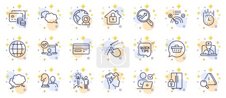 Illustration for Outline set of Shopping cart, No internet and Money line icons for web app. Include Globe, Mindfulness stress, Credit card pictogram icons. Telemedicine, Analytics, Speech bubble signs. Vector - Royalty Free Image