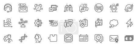 Illustration for Icons pack as Info, Chemistry dna and Checkbox line icons for app include Noise, Verified mail, Brand outline thin icon web set. Clock, Time management, Co2 gas pictogram. Puzzle. Vector - Royalty Free Image