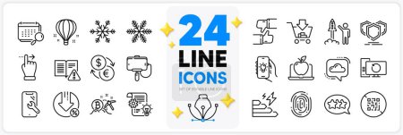 Illustration for Icons set of Recovery computer, Touchscreen gesture and Selfie stick line icons pack for app with Like, Loan percent, Snowflake thin outline icon. Smartphone repair, Launch project. Vector - Royalty Free Image