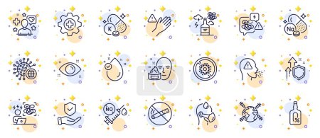 Illustration for Outline set of Improving safety, Health eye and Coronavirus line icons for web app. Include Cough, Stress, Sodium mineral pictogram icons. Sick man, Coronavirus vaccine, Face cream signs. Vector - Royalty Free Image