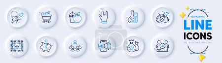Illustration for Honeymoon travel, Juice and Horns hand line icons for web app. Pack of Binary code, Marriage rings, Shopping cart pictogram icons. Piggy bank, Loyalty points, Chemistry lab signs. Vector - Royalty Free Image