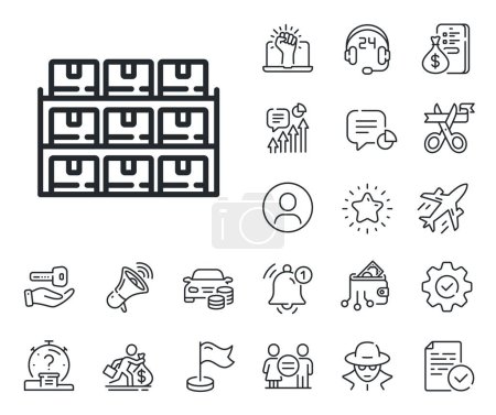 Illustration for Warehouse inventory sign. Salaryman, gender equality and alert bell outline icons. Boxes shelf line icon. Logistic wholesale goods symbol. Boxes shelf line sign. Vector - Royalty Free Image