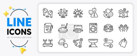 Illustration for Women group, Teamwork and Video conference line icons set for app include Smile, Money transfer, Fireworks stars outline thin icon. Headphone, Grill, Wifi pictogram icon. Washing machine. Vector - Royalty Free Image
