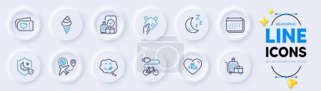 Illustration for Baggage cart, Flight sale and Yummy smile line icons for web app. Pack of Love tickets, Electric bike, Ice cream pictogram icons. Calendar, Puzzle, Be true signs. Carry-on baggage, Guard, Moon. Vector - Royalty Free Image