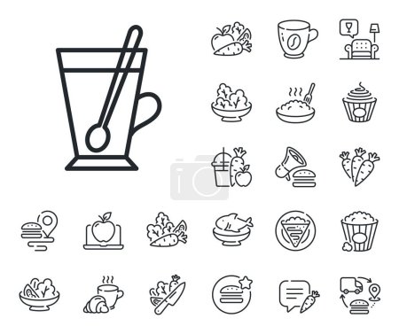 Illustration for Fresh beverage sign. Crepe, sweet popcorn and salad outline icons. Cup with spoon line icon. Latte or Coffee symbol. Tea mug line sign. Pasta spaghetti, fresh juice icon. Supply chain. Vector - Royalty Free Image