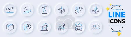 Illustration for Petrol station, Parcel and Get box line icons for web app. Pack of Roller coaster, Departure plane, Waves pictogram icons. Time schedule, Eco power, Charging time signs. Road, Car wash. Vector - Royalty Free Image