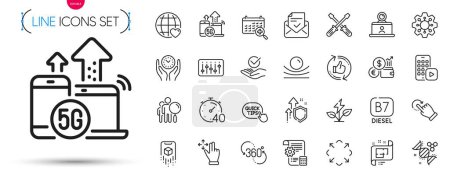 Illustration for Pack of Screwdriverl, Approved and Chemistry dna line icons. Include Timer, Quick tips, Settings blueprint pictogram icons. Elastic material, Move gesture, Execute signs. Safe time. Vector - Royalty Free Image