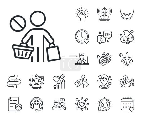 Illustration for No panic buying sign. Online doctor, patient and medicine outline icons. Stop shopping line icon. Man with shopping cart symbol. Stop shopping line sign. Vector - Royalty Free Image