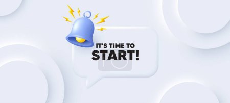 Illustration for It is time to start tag. Neumorphic background with chat speech bubble. Special offer sign. Advertising discounts symbol. Time to start speech message. Banner with bell. Vector - Royalty Free Image