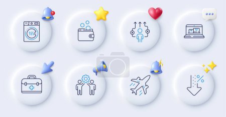 Illustration for Business way, Plane and Employees teamwork line icons. Buttons with 3d bell, chat speech, cursor. Pack of Wallet money, Web inventory, Low percent icon. First aid, Dryer machine pictogram. Vector - Royalty Free Image
