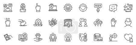 Ilustración de Los iconos se empaquetan como vacantes, gesto de pantalla táctil y los iconos de la línea de enfermera para la aplicación incluyen mano, objetivo del corazón, el vendedor del mercado esboza conjunto web de iconos delgados. Como video, Yoga, cuidado de mascotas pictograma. Vector - Imagen libre de derechos